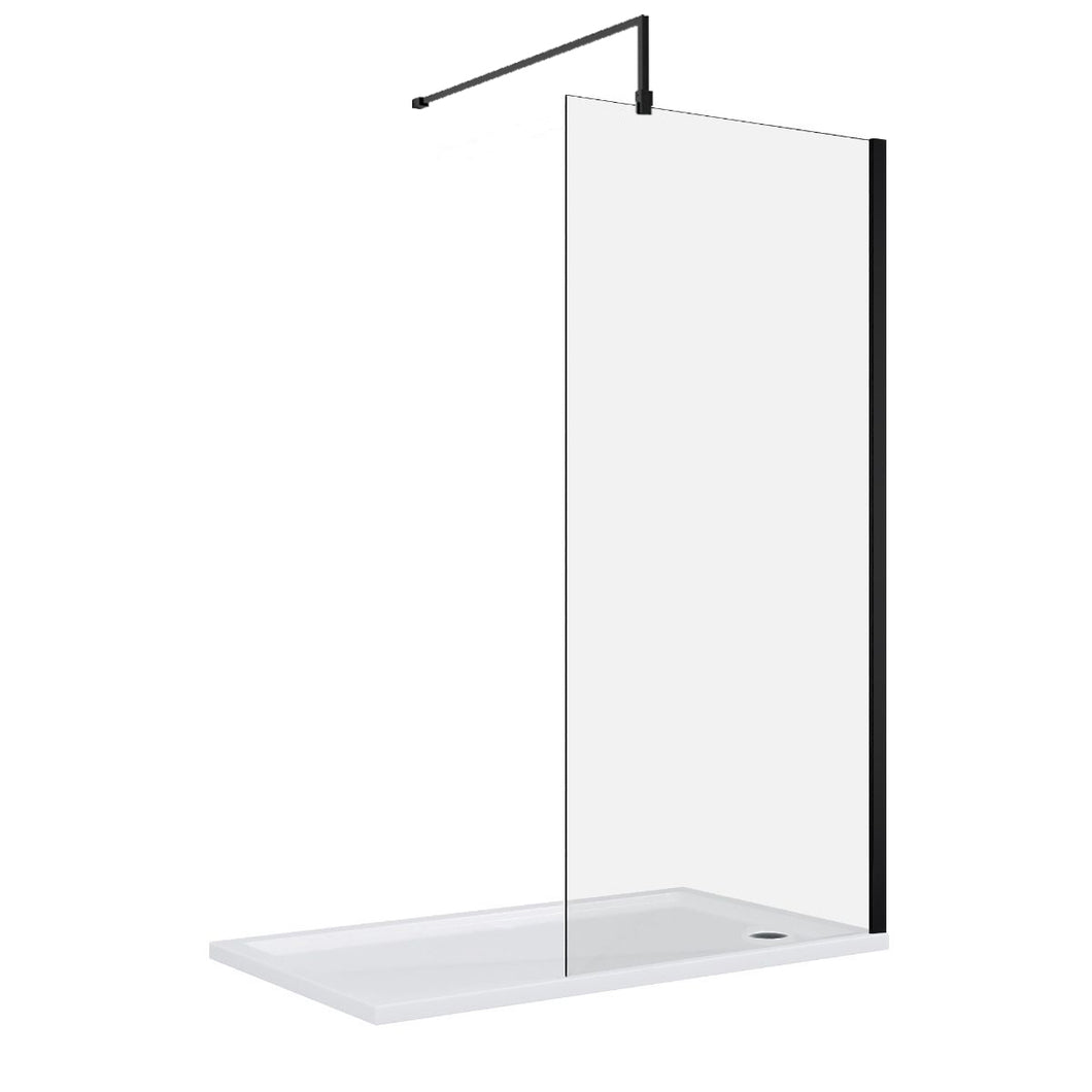 Walk In Shower Glass Panel Black Frame 700/760 mm Shape With Shower Stone Tray