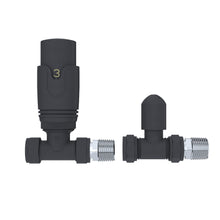 Load image into Gallery viewer, Towel Radiator Valves15mm Pair Anthracite Thermostatic and Manual Control Corner
